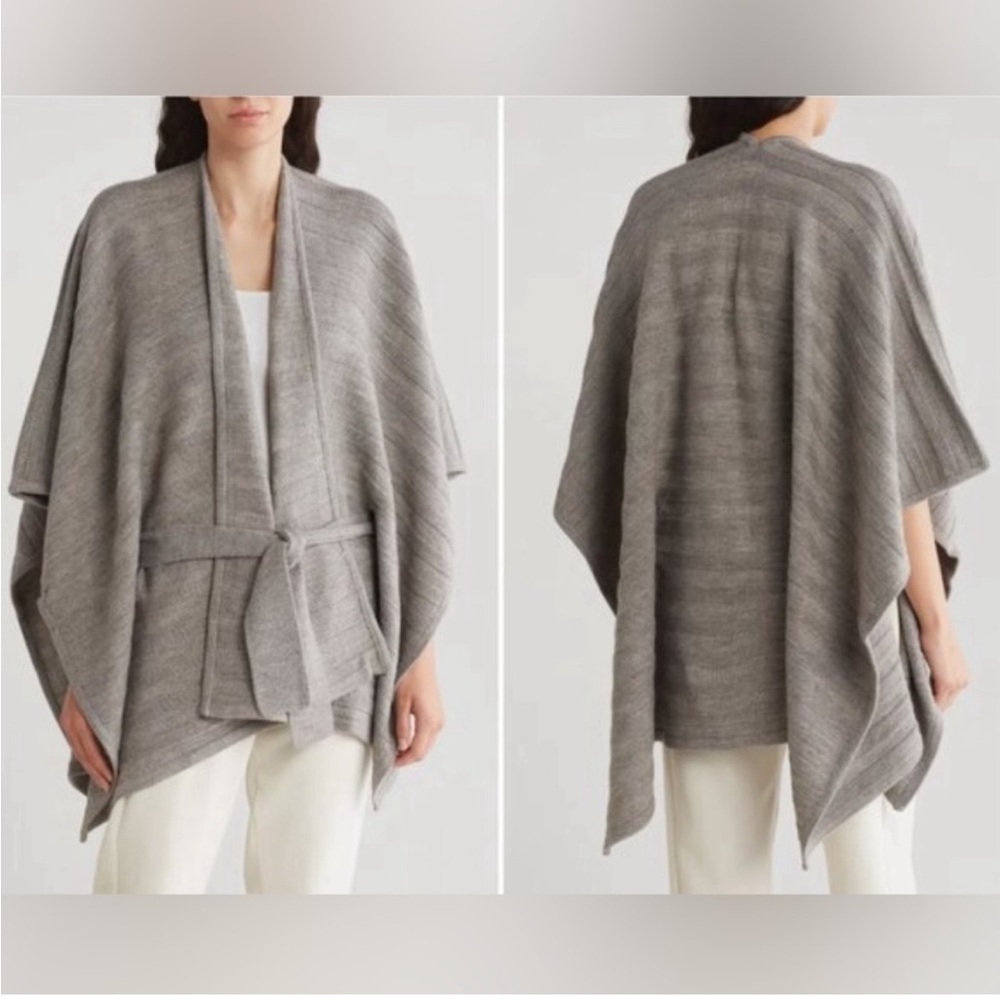 New Kate Spade Texture Stripe Belted Ruana Cape Cardigan One Size Wool Gray